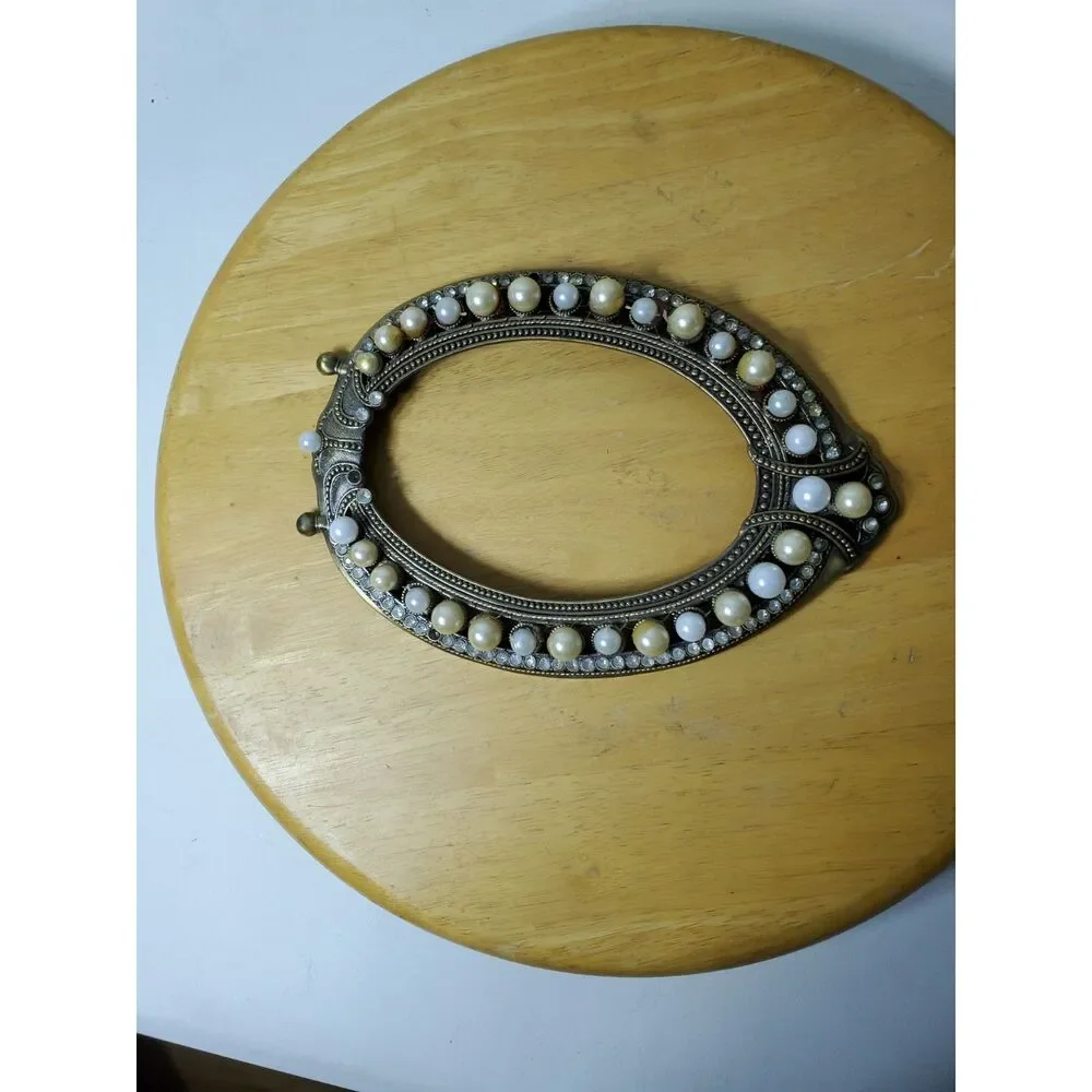 Vintage Sytle Metal Ornate Oval Frame Decorated in pearl and Crystal Accents